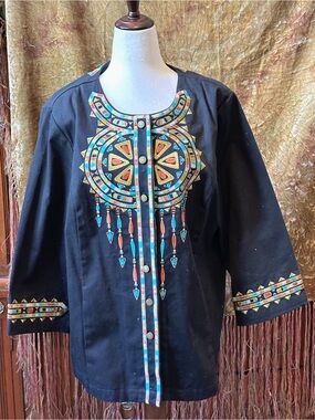 Bob Mackie Black Embroidered Jacket with Turquoise, Coral & Gold Accents